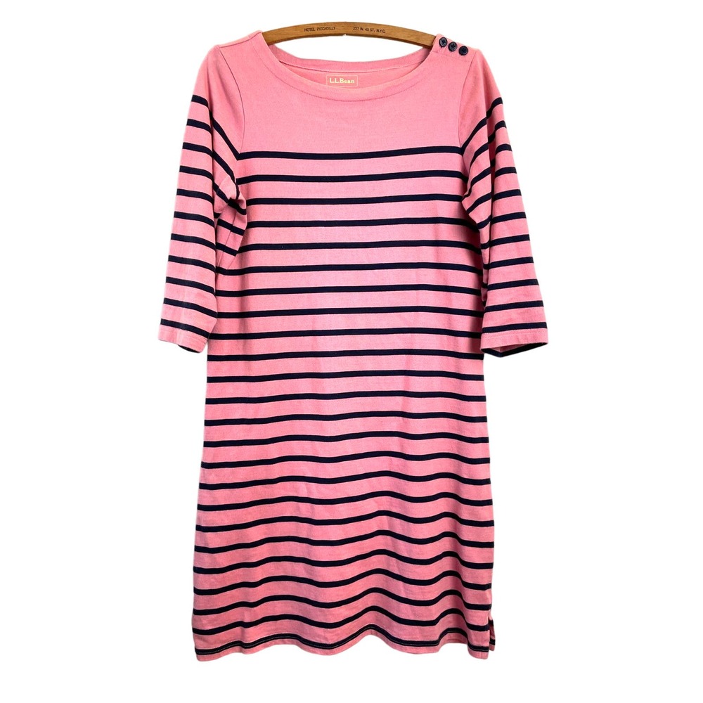 LL Bean Mariner Stripe Dress Pink w Blue Stripes Sz S Knit Cotton 3/4 Sleeve